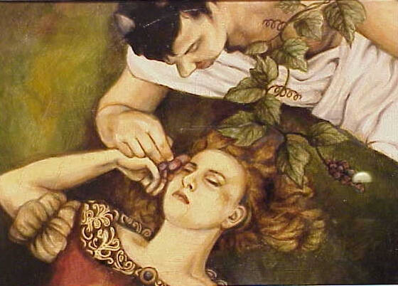 Woman in elaborate costume with man above her in white toga laying on the grass.